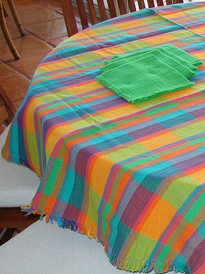 MEXICAN TEXTILES / Cotton Tablecloth with napkins Plaid Multicolor 63'' Round (4 people)